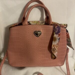 New Betsey Johnson Gigi Satchel Pink Croc Faux Leather Top Handle Crossbody Bag